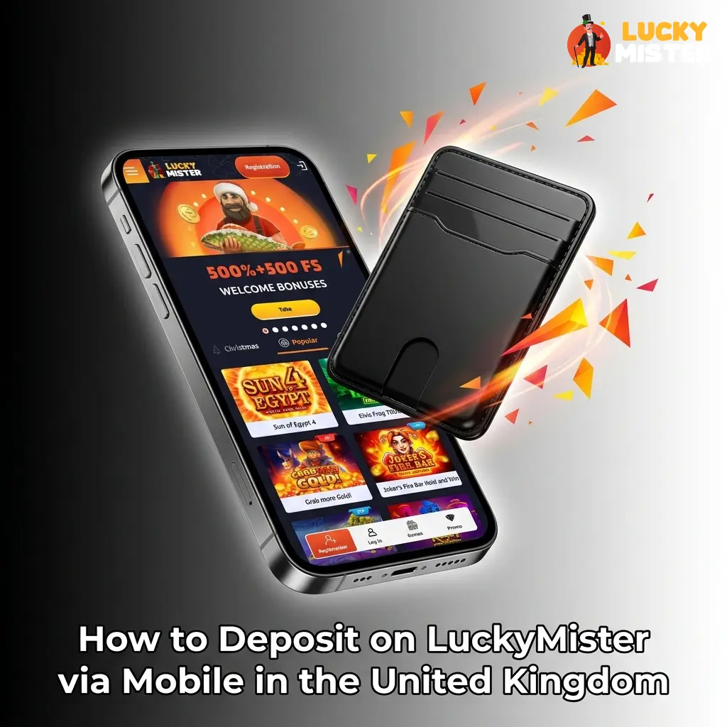 Mobile deposit steps on LuckyMister via iOS or Android browser, showing cashier, payment method selection and transaction authorisation