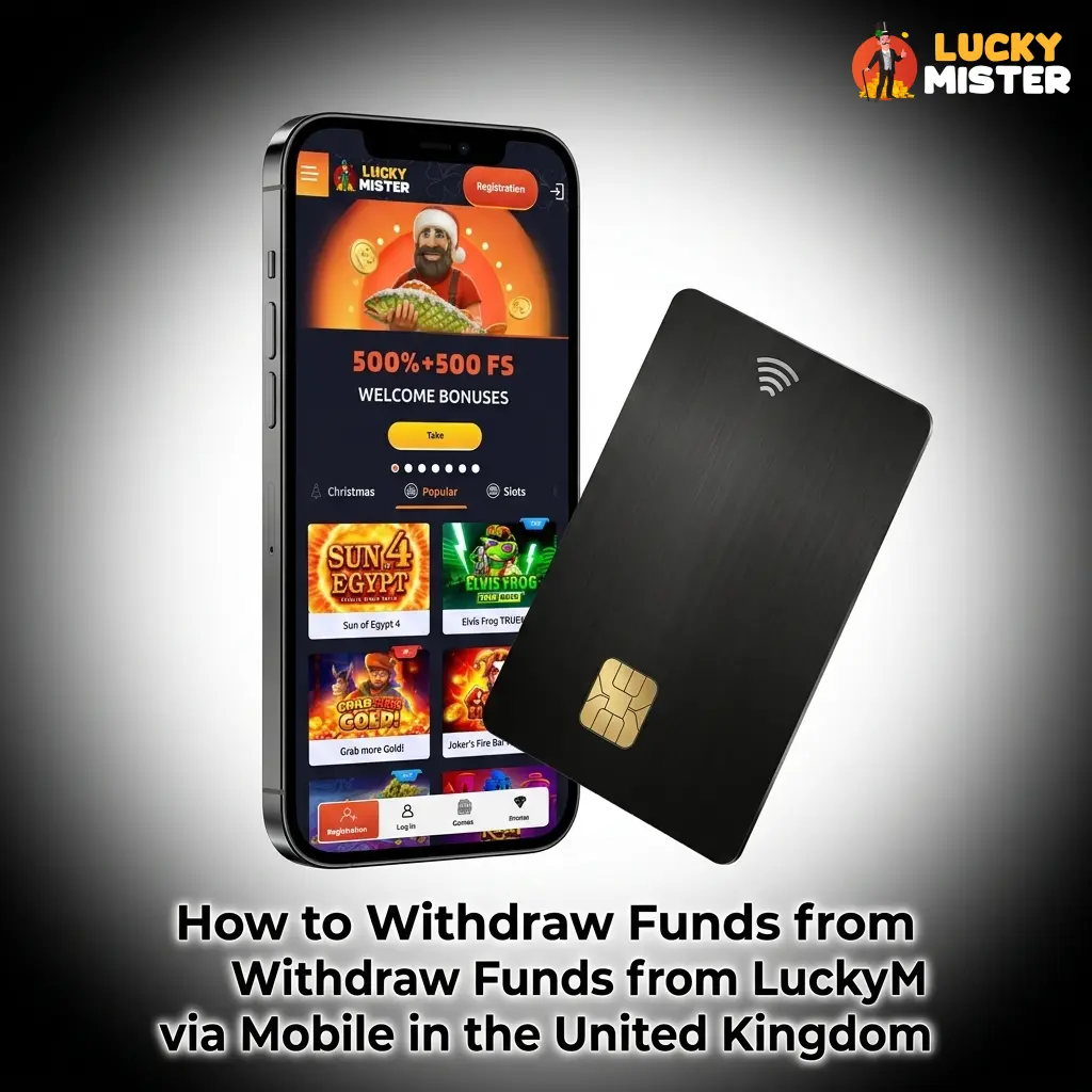 LuckyMister mobile withdrawal steps on iOS and Android in the UK, showing cashier section and payment options