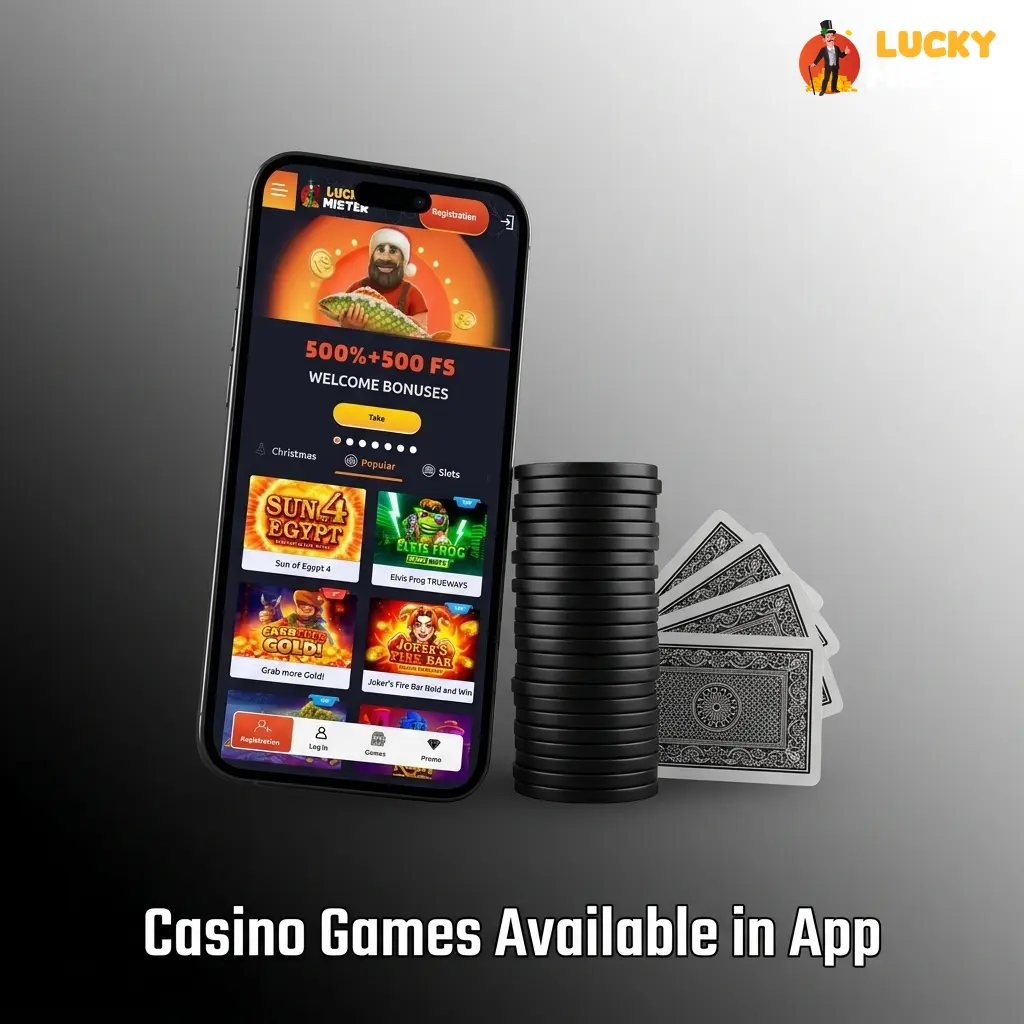 Lucky Mister mobile casino lobby showing slots, live casino and table games from Pragmatic Play, Evolution and NetEnt