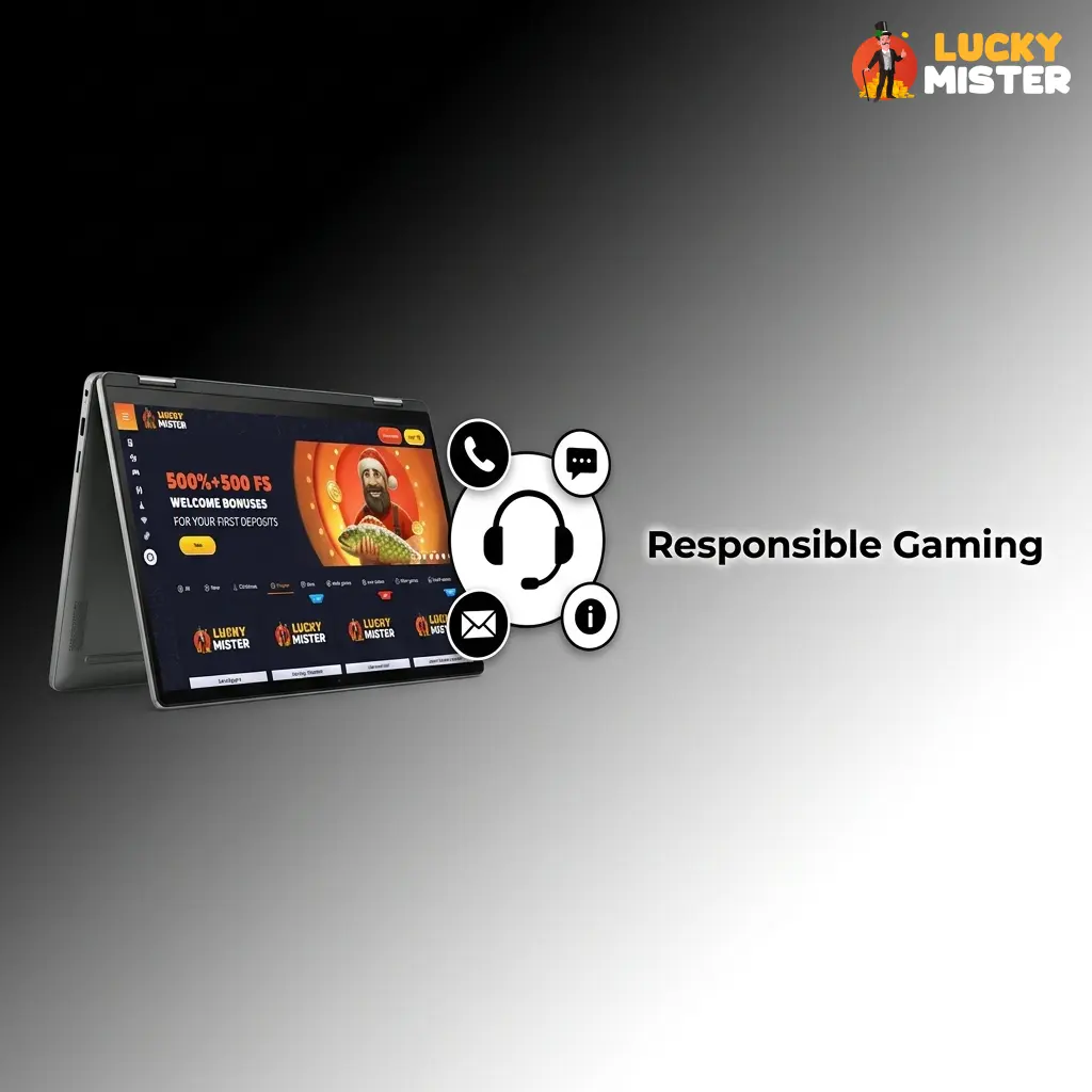 Lucky Mister responsible gaming tools including deposit limits, self-exclusion, loss limits, and support links to GamCare
