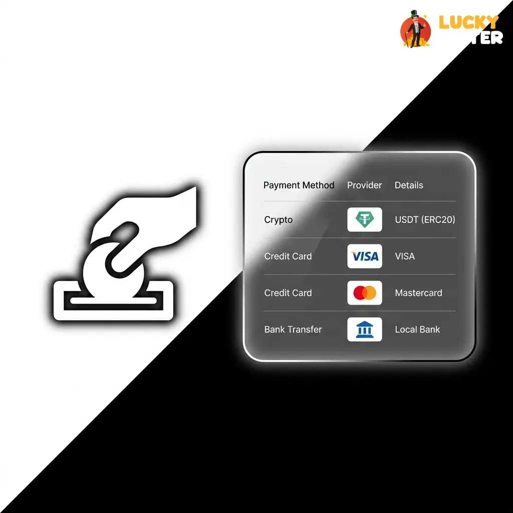 LuckyMister casino deposit methods including USDT ERC20, Visa, and Mastercard for instant and secure funding