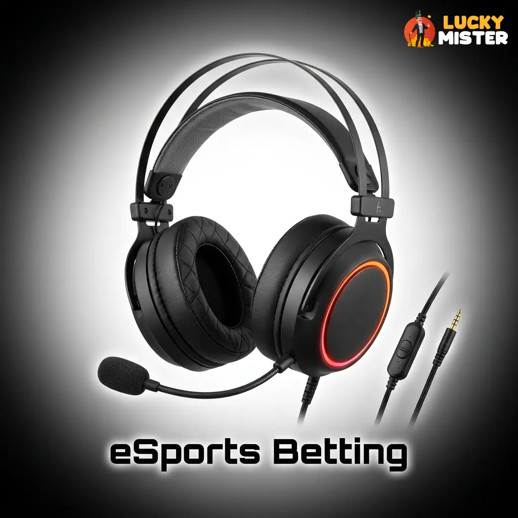 LuckyMister esports betting lobby featuring Dota 2, CS2, League of Legends, Valorant and StarCraft markets for UK bettors