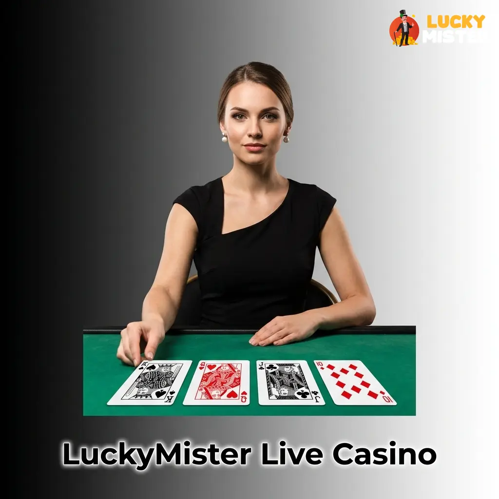 LuckyMister Live Casino with human dealers streaming blackjack, roulette, baccarat, and game shows in HD studio quality